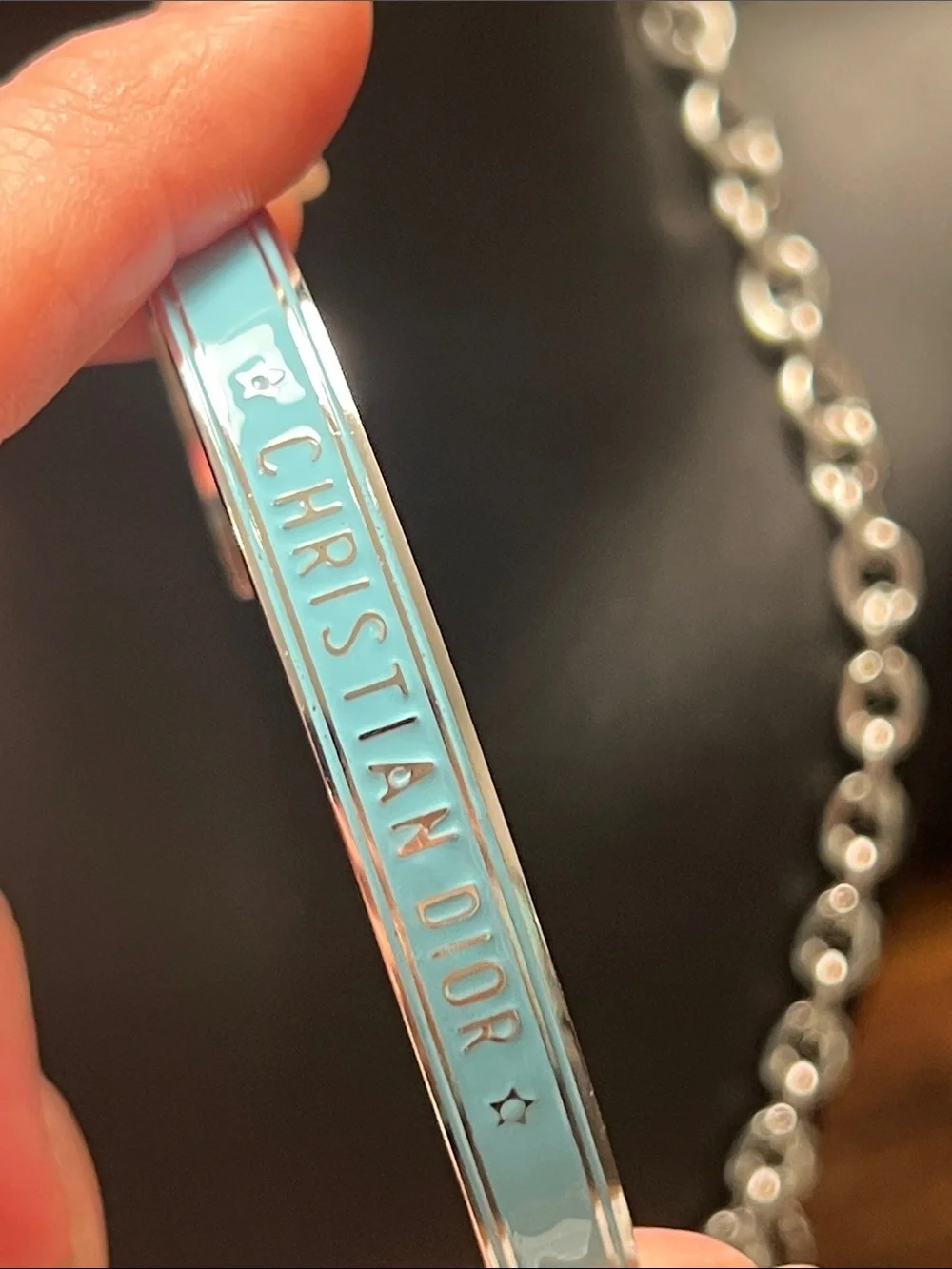 Up Cycled Sky Blue Enamel Logo Bangle Bracelet